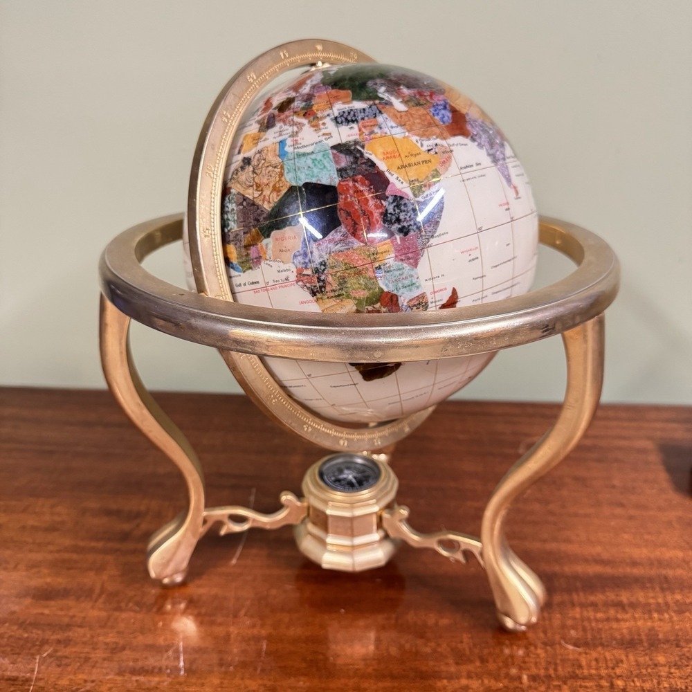 Gemstone Desktop Globe Gold Tone Stand 13" Tall with Compass